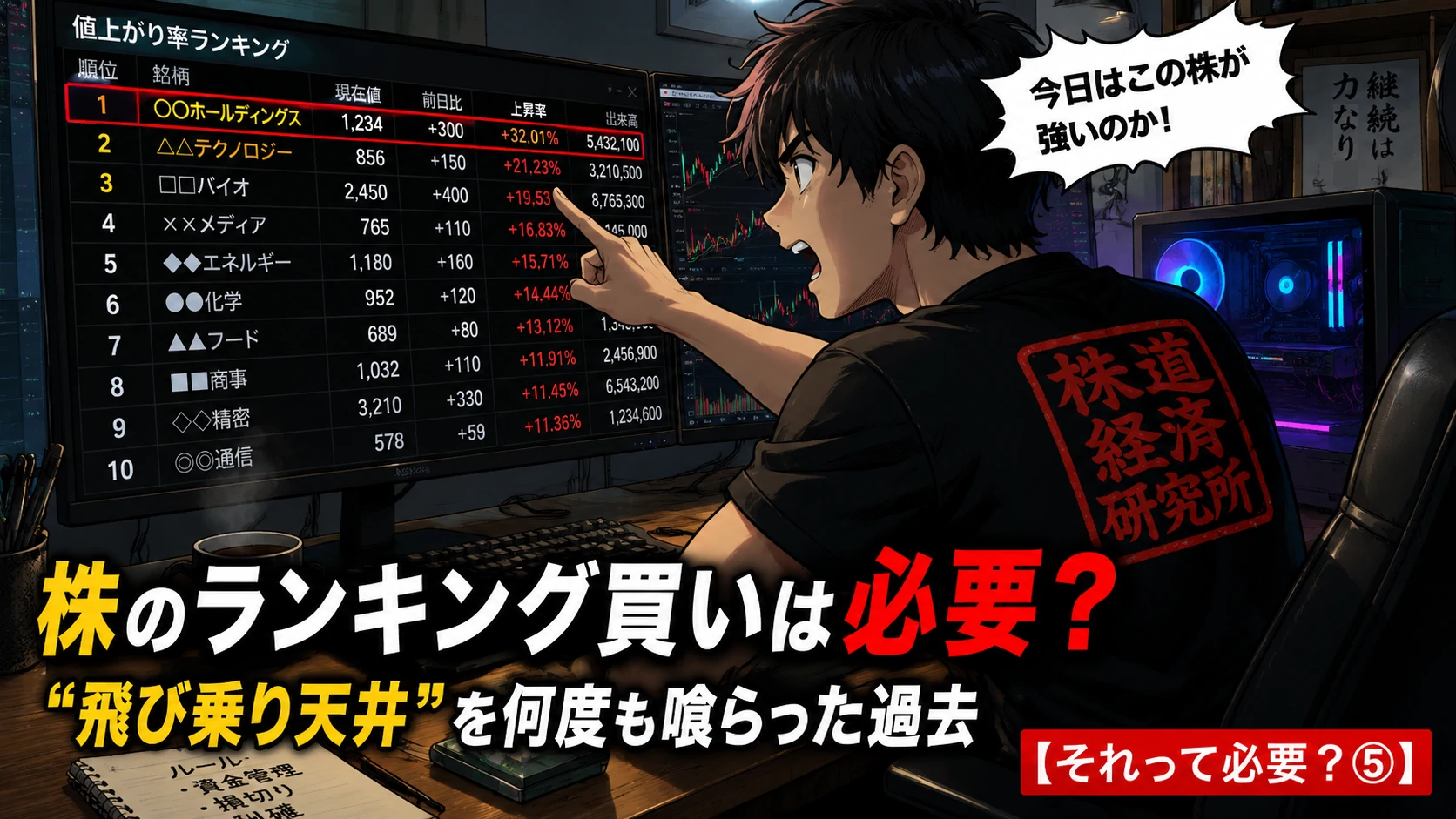 株の値上がり率ランキングを監視しながら飛び乗り買いを狙う個人投資家。ランキング上位株への飛び乗り天井をテーマにしたブログ記事のトップ画像。