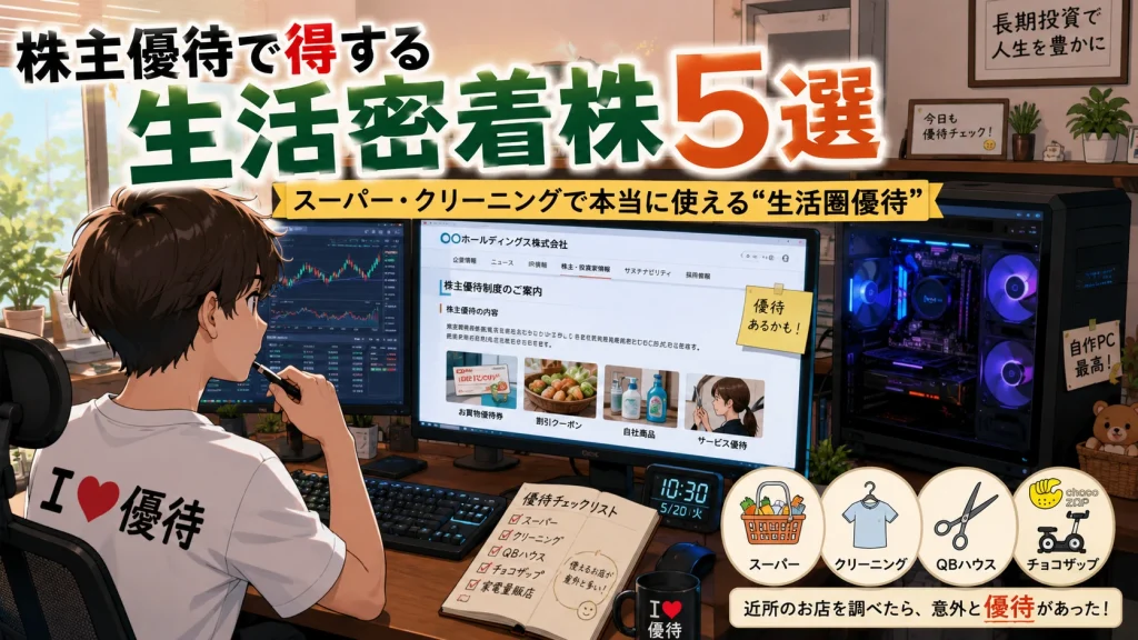 自作PCのトレーディングルームで、近所のお店の企業情報を調べながら株主優待をチェックする個人投資家のイラスト。