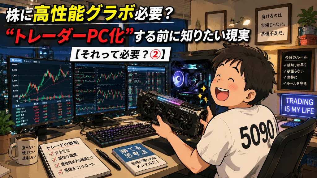 3画面のトレーディング環境でRTX 5090グラボを持ちながら笑顔を見せる個人投資家の漫画イラスト。株に高性能グラボが必要かを解説する記事のトップ画像。