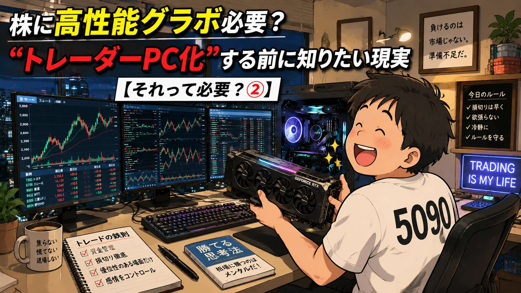 3画面のトレーディング環境でRTX 5090グラボを持ちながら笑顔を見せる個人投資家の漫画イラスト。株に高性能グラボが必要かを解説する記事のトップ画像。