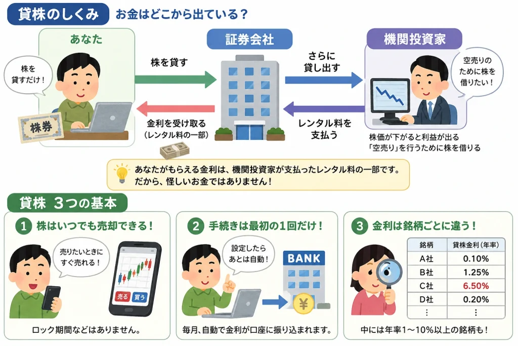 貸株サービスでそのレンタル料として金利を受け取る仕組みを図解したイラスト。