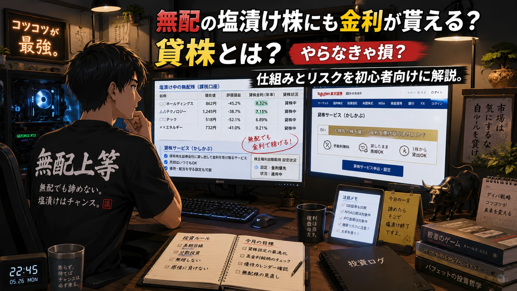 無配の塩漬け株、貸株サービスの金利をチェックしている個人投資家のイラスト