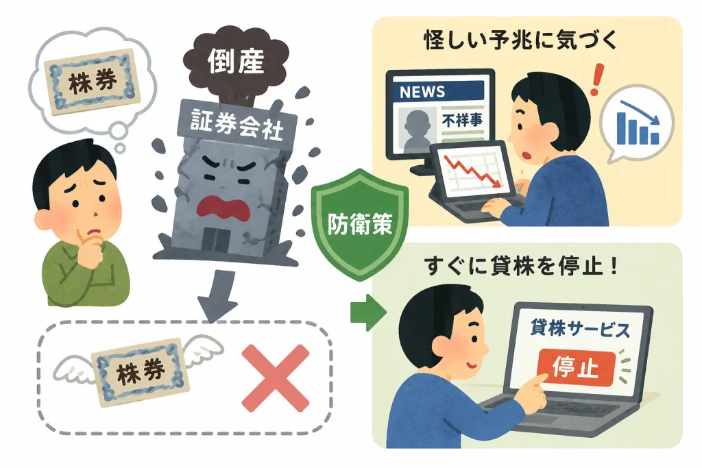 証券会社の倒産リスクと、それに対する防衛策として貸株サービスをすぐに停止する流れを説明したイラスト。