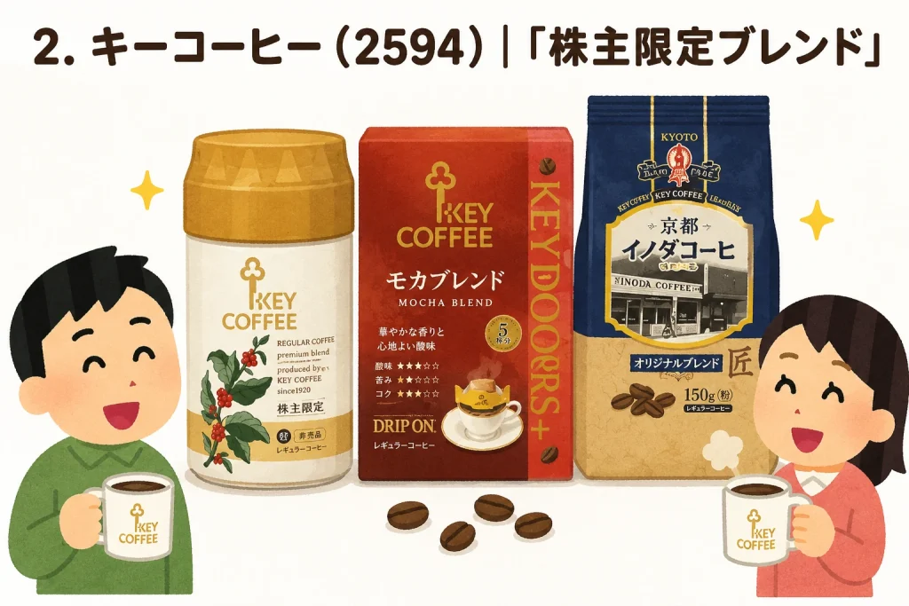 株主限定ブレンドコーヒーを楽しむイラスト