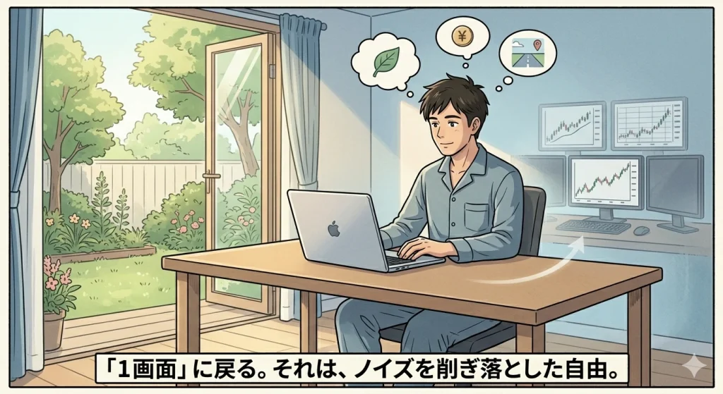 ノートPC1台で相場に向き合うミニマルな投資スタイルを描いたイラスト。背景にはかつての3画面モニターがあり、情報のノイズを削ぎ落として「投資家としての自由」を手に入れた姿を表現している。