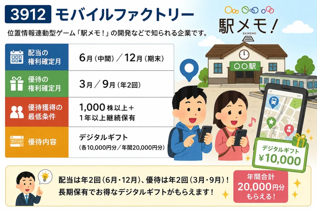 モバイルファクトリー(3912)の株主優待をイメージしたイラスト。位置情報ゲーム「駅メモ!」風の世界観で、スマホを持つ投資家風キャラクターがデジタルギフト優待に喜んでいる様子。