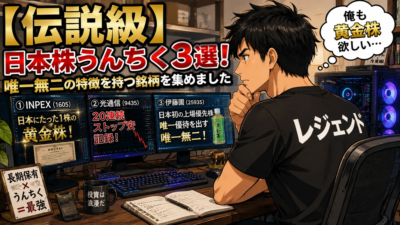 日本株の唯一無二銘柄を調べる個人投資家のイラスト