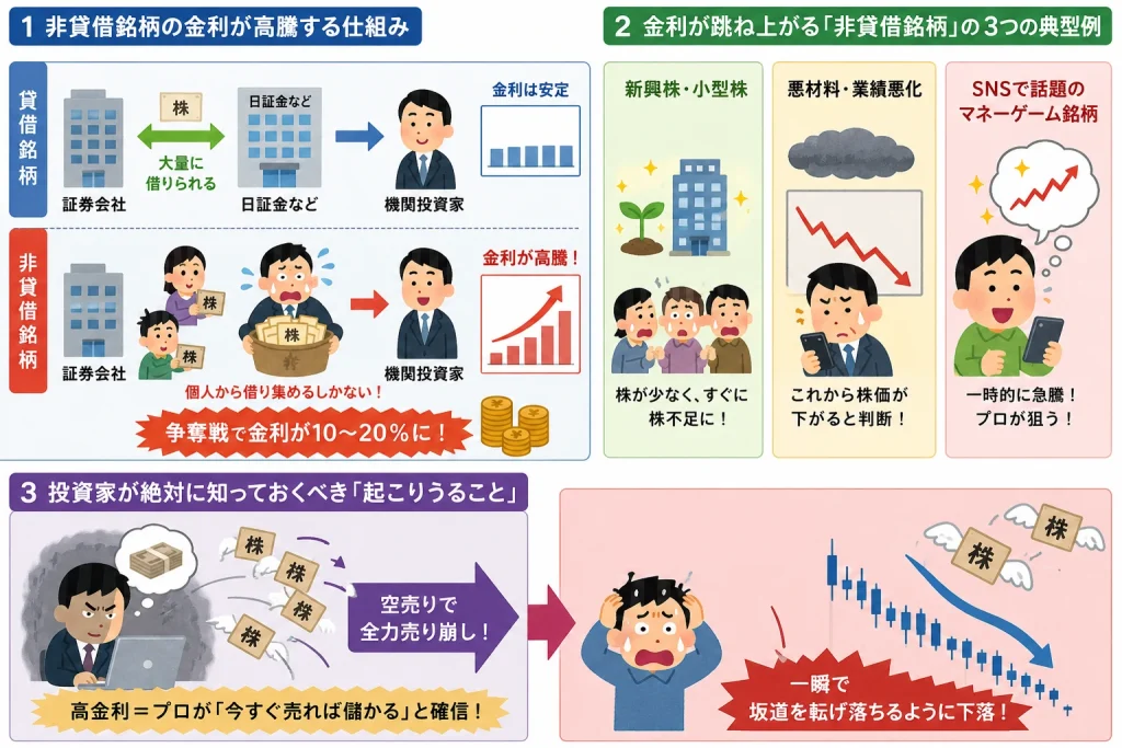 非貸借銘柄で貸株金利が高騰する仕組みと、その後に起こりうる株価急落リスクを解説したインフォグラフィック。貸借銘柄と非貸借銘柄の違い、機関投資家による空売り需要、グロース株や仕手株で金利が急騰する流れを、いらすとや風の漫画イラストで視覚的に分かりやすく説明している。
