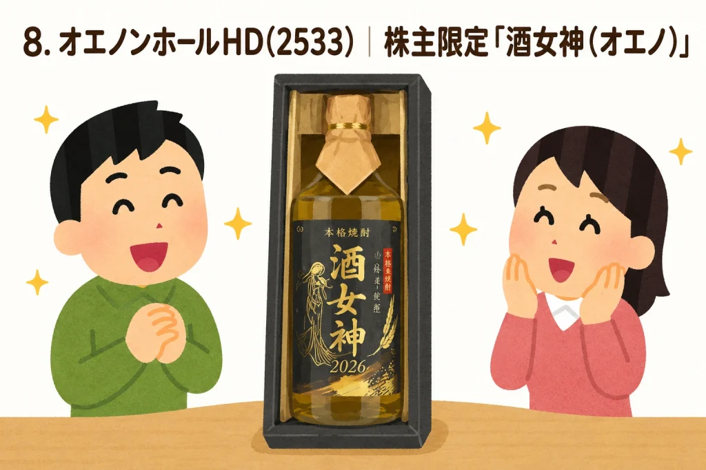 株主限定酒「酒女神」を楽しむイラスト