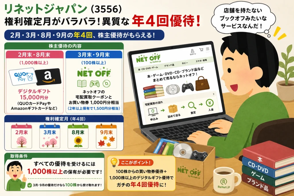 リネットジャパンの年4回株主優待とネットオフ宅配買取サービスのイメージ画像