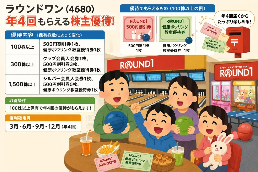 ラウンドワンの年4回株主優待で家族とボウリングを楽しむイメージ