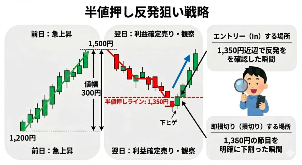 株のランキング買い対策「半値押し反発狙い戦略」を解説するチャート図解。