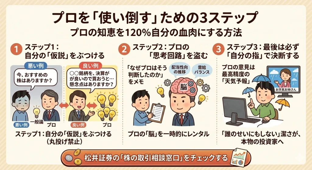 プロの投資相談を使い倒す3ステップの解説図。丸投げせず自分の仮説を伝え、プロの判断根拠を吸収し、最終判断は自分で行うことの重要性を視覚化したイラスト。