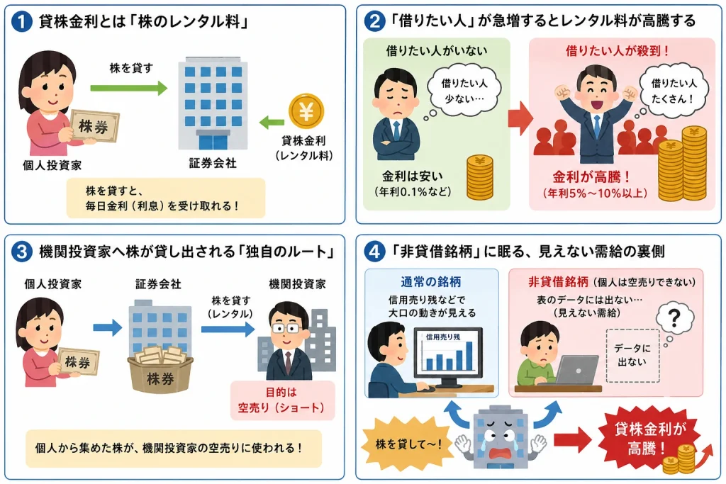 貸株金利の仕組みを4ステップで解説したインフォグラフィック。個人投資家→証券会社→機関投資家へ株が貸し出される流れや、貸株金利が高騰する理由、非貸借銘柄で見えない需給が発生する仕組みを、いらすとや風の漫画イラストで視覚的に説明している。