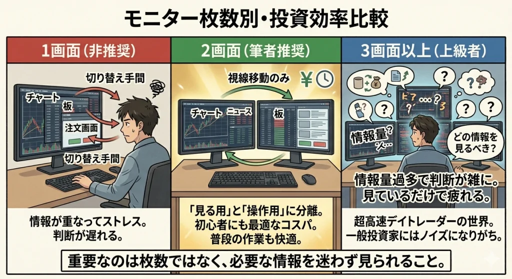モニター枚数別の投資効率を比較した3カラムの図解。左は1画面で「切り替えが手間で非推奨」、中央は2画面で「見る用と操作用を分けられ筆者推奨」、右は3画面以上で「情報過多になりやすく上級者向け」と解説している。
