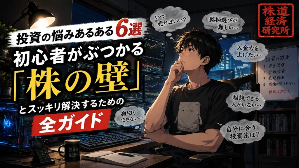 投資初心者が株の悩みに迷う様子を描いた16:9のアイキャッチ画像。自宅トレーディングルームで複数モニターを見つめながら考え込む男性個人投資家。
