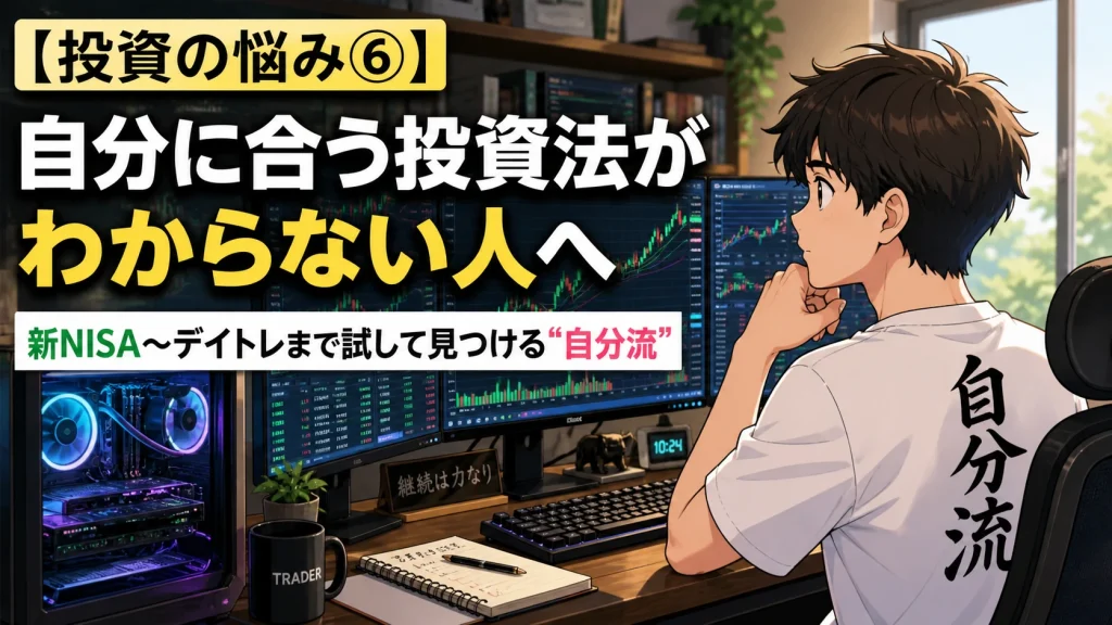 自宅のトレーディングルームで複数モニターを見ながら考える投資初心者のイラスト。新NISAからデイトレまで試して自分に合う投資スタイルを探すイメージ