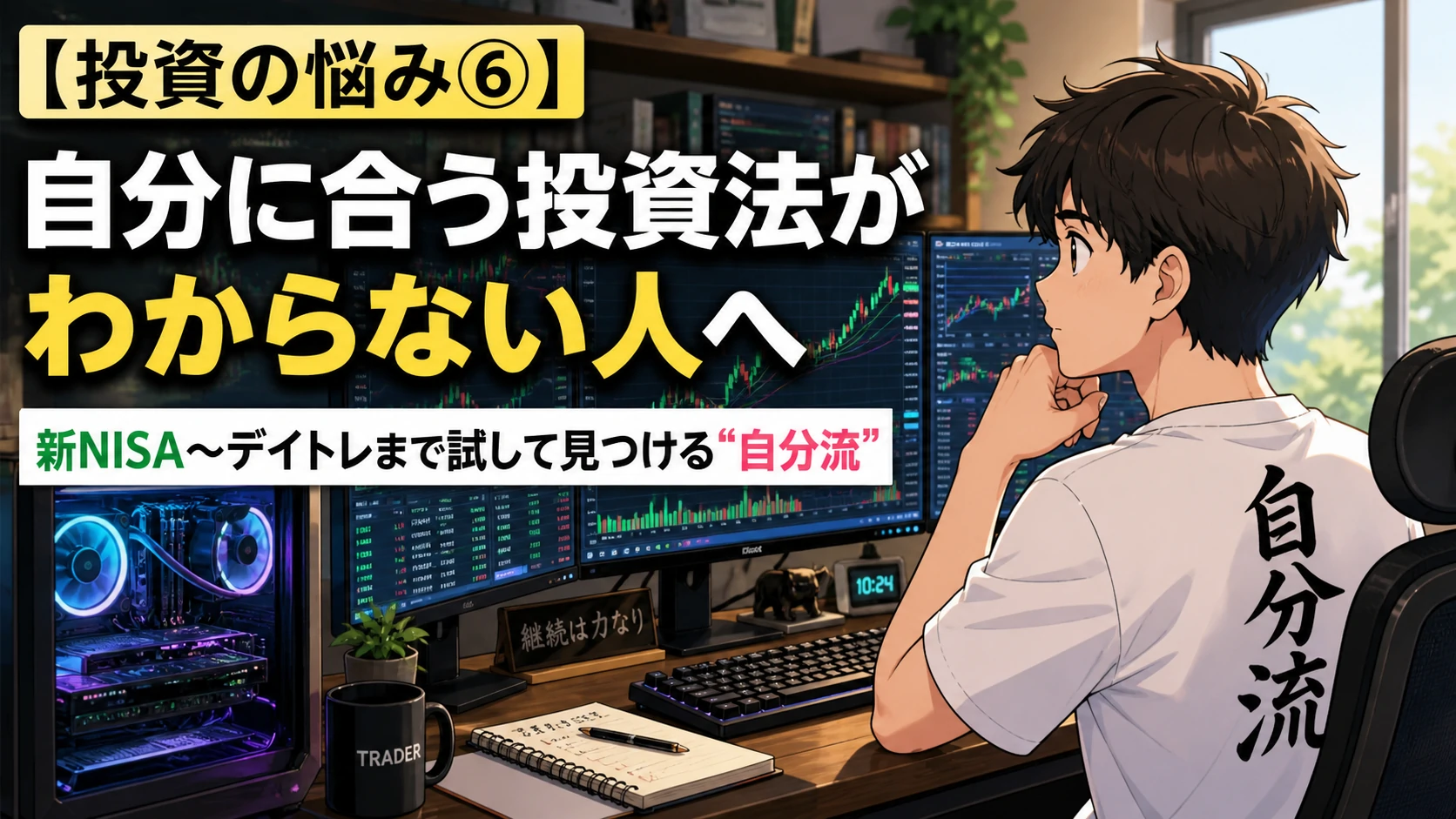自宅のトレーディングルームで複数モニターを見ながら考える投資初心者のイラスト。新NISAからデイトレまで試して自分に合う投資スタイルを探すイメージ