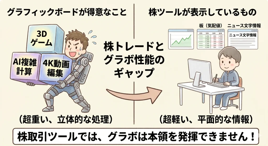 グラボが得意な重い処理（3Dゲーム・AI・4K動画）と、株ツールが表示する軽い処理（チャート・板・ニュース）の差を比較した図解。株取引ではグラボが本領を発揮できないことを解説しています。