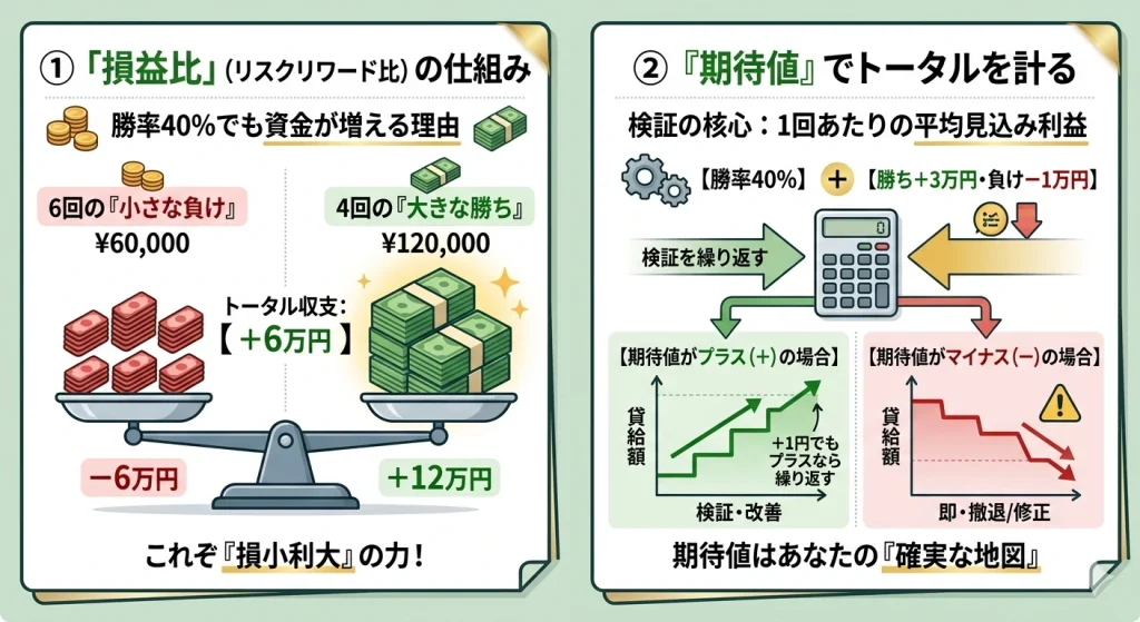 損益比（リスクリワード）と期待値の仕組みを解説した図解イラスト。
