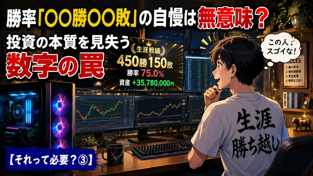 自宅のトレーディングルームで「〇〇勝〇〇敗」の高勝率を見て感心する個人投資家のイラスト。投資の数字の罠をテーマにしたサムネイル画像。