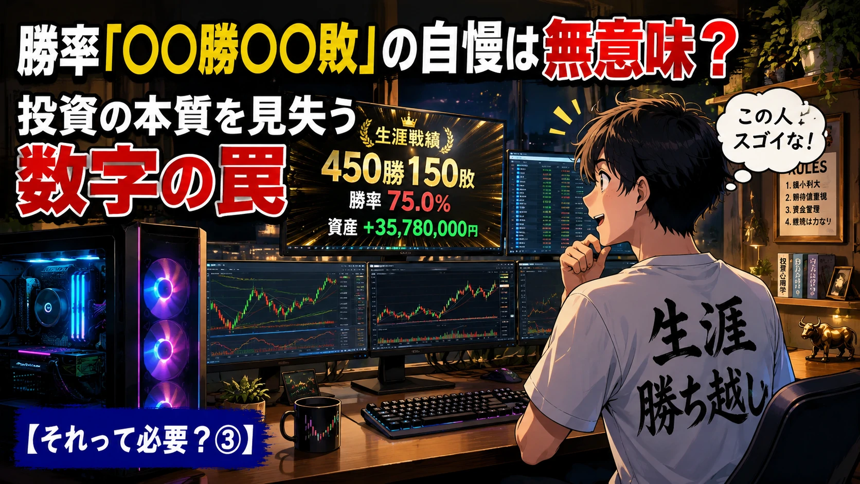 自宅のトレーディングルームで「〇〇勝〇〇敗」の高勝率を見て感心する個人投資家のイラスト。投資の数字の罠をテーマにしたサムネイル画像。