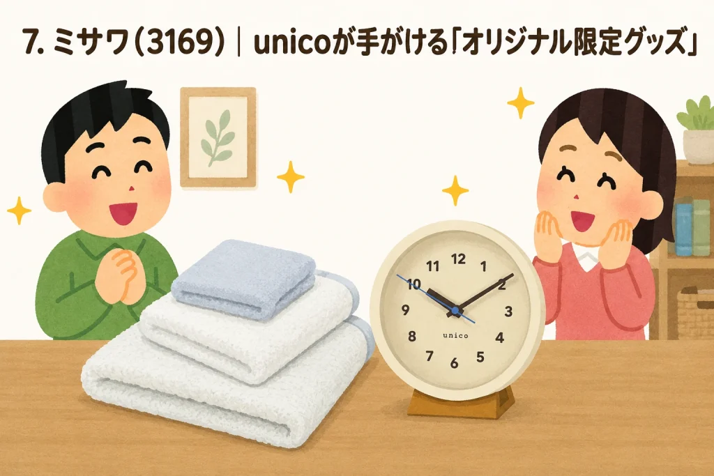 株主限定のタオルと置き時計を楽しむイラスト