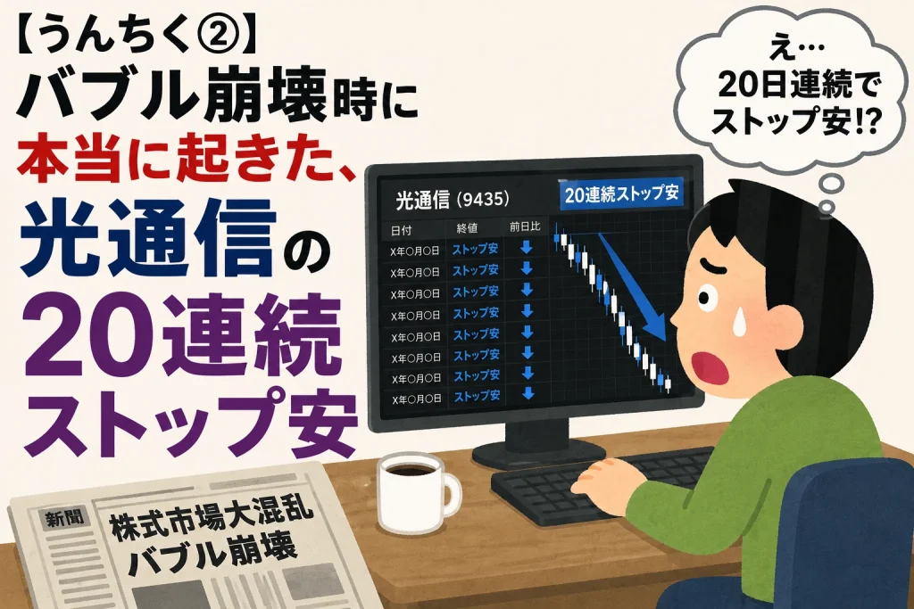 光通信の20連続ストップ安を見て驚く個人投資家のイラスト