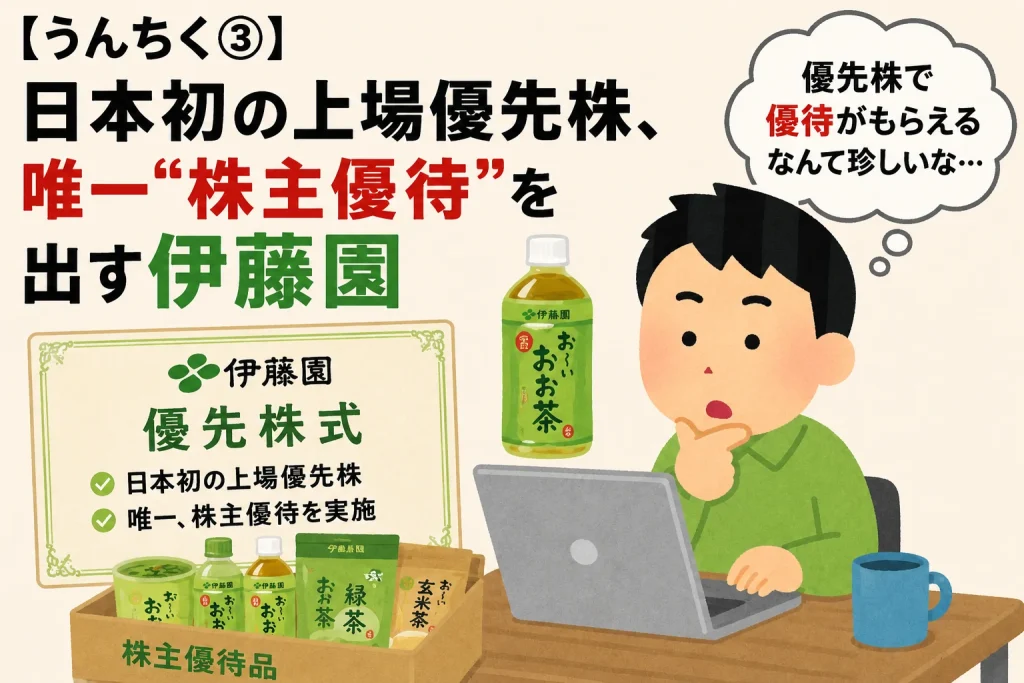 伊藤園の優先株と株主優待について調べる個人投資家のイラスト