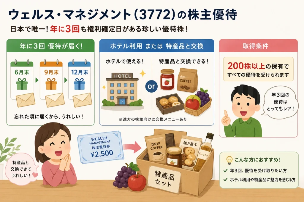 ウェルス・マネジメントの年3回株主優待と特産品交換を解説するイメージ画像