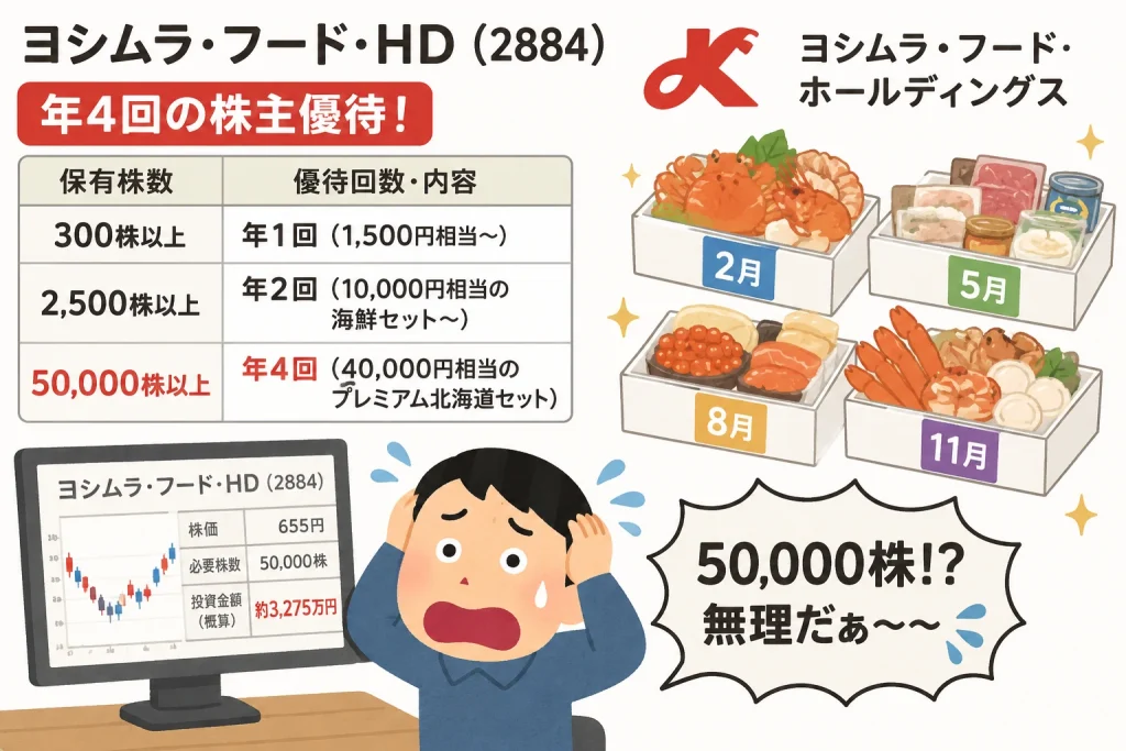 年4回の株主優待に必要な50000株に驚く投資家のイラスト